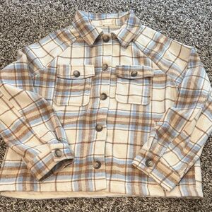 Altar'd State Cream, Brown & Light Blue Plaid Button-Up Jacket Size M
